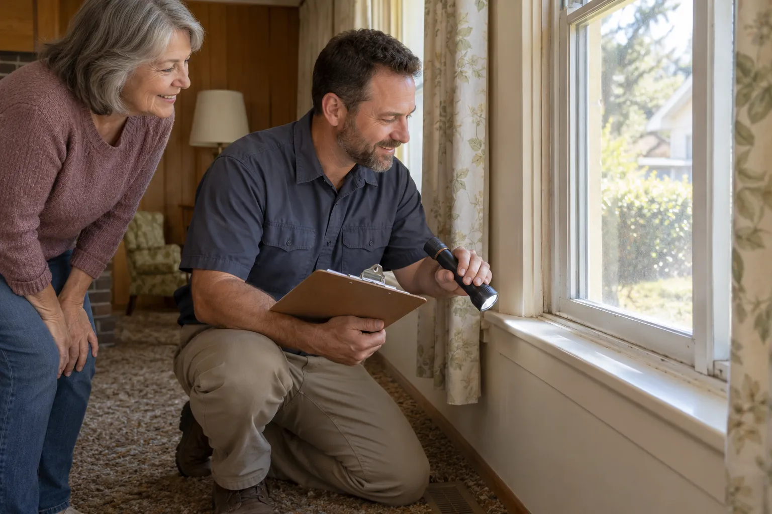 A provider noting early signs of moisture near a window in the American Canyon area